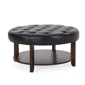 English Elm Round Tufted Pu Leather Ottoman with Open Shelf Storage for Living Room Black 71589.00