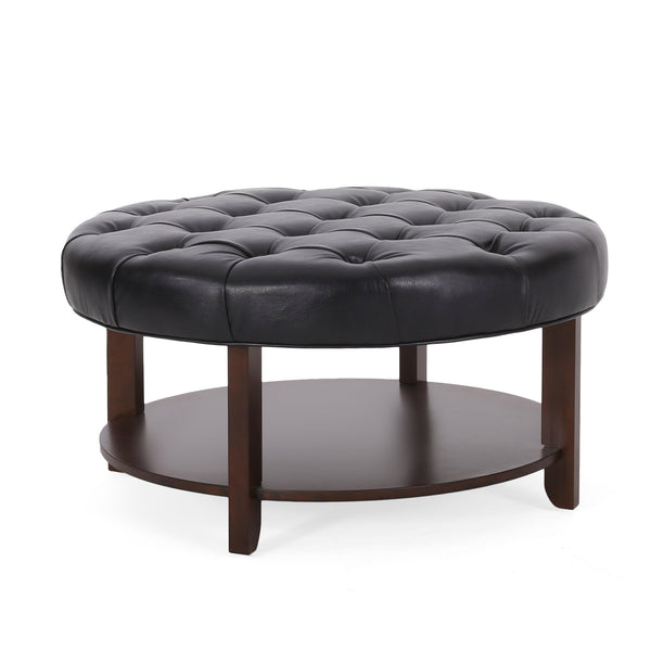 English Elm Round Tufted Pu Leather Ottoman with Open Shelf Storage for Living Room Black 71589.00