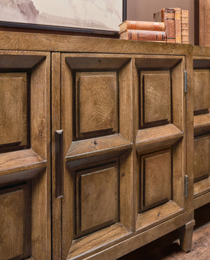 Hooker Furniture Melange Nikos Oak Breakfront Credenza with Bronze Hardware and Wire Management 628-85754-82