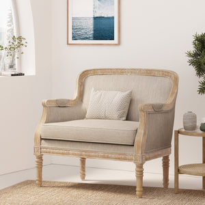 English Elm Christopher Knight Home® - CLUB Chair with French Country Carved Accents, Upholstered Comfort, Weathered Rubberwood Frame -Elegant beige brown 71064.00BGE