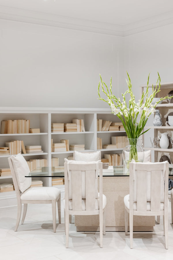 A.R.T. Furniture Cotiere Rectangular Dining Table - Contemporary Linen Finish, Stylish Glass Top, Adjustable Levelers Beige Parawood Solids,Glass,Fabric 299221-2349