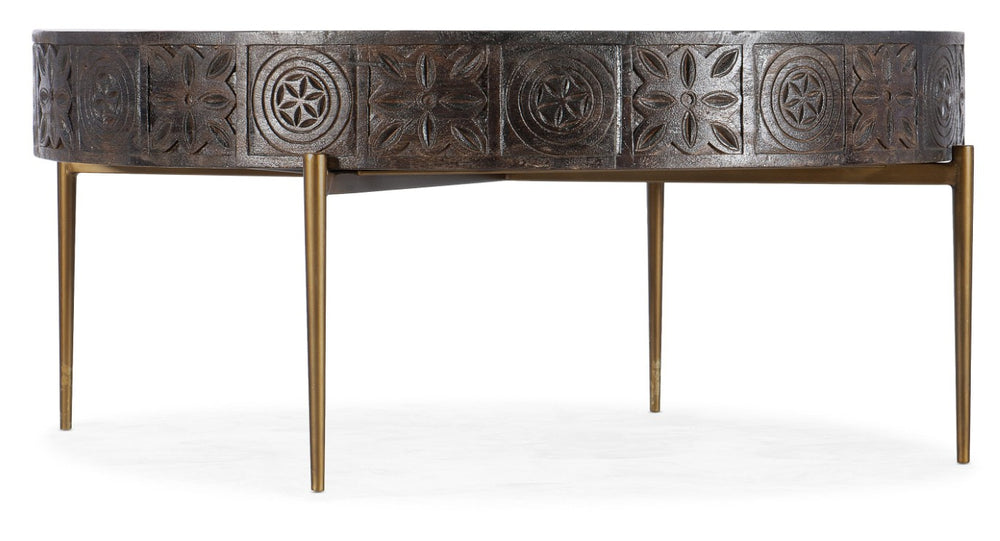 Hooker Furniture Commerce Carved Round Cocktail Table – Solid Mango Wood Top, Hand-Carved Tribal Motif, Gold Iron Base (42" X 19") 7228-80030-85