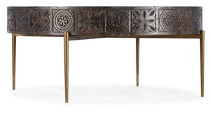 Hooker Furniture Commerce Carved Round Cocktail Table – Solid Mango Wood Top, Hand-Carved Tribal Motif, Gold Iron Base (42" X 19") 7228-80030-85
