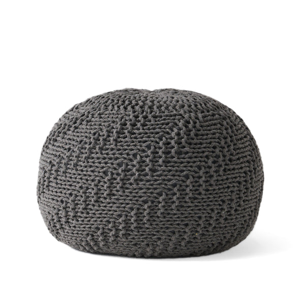 English Elm Christopher Knight Home® - Hazel Dark Grey Knitted Cotton Pouf 20"x20" Round — Handmade Eco-Friendly PET Yarn, Modern Texture 60495.00
