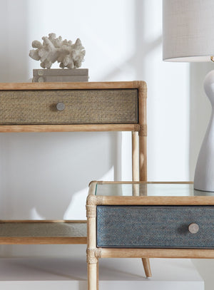 Hooker Furniture Retreat Rattan Bedside Table With Glass Top, Self-Closing Drawer & Open Shelf For Coastal Style Greens 6950-90117-35