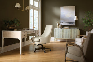 Hooker Furniture Hera Almond White Writing Desk With Figured Maple Accents, 5 Drawers & Flexible Left/Right Surface 6052-10459-80