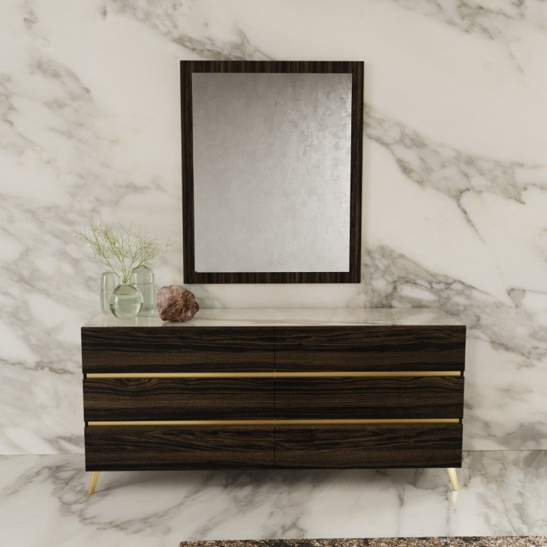 VIG Furniture Velondra Dark Eucalyptus Dresser With Grey Faux Marble Top, Brushed Gold Handles & 6 Drawers (92) VGACVELONDRA-DRS