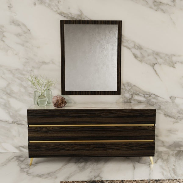 VIG Furniture Velondra Dark Eucalyptus Dresser With Grey Faux Marble Top, Brushed Gold Handles & 6 Drawers (92) VGACVELONDRA-DRS