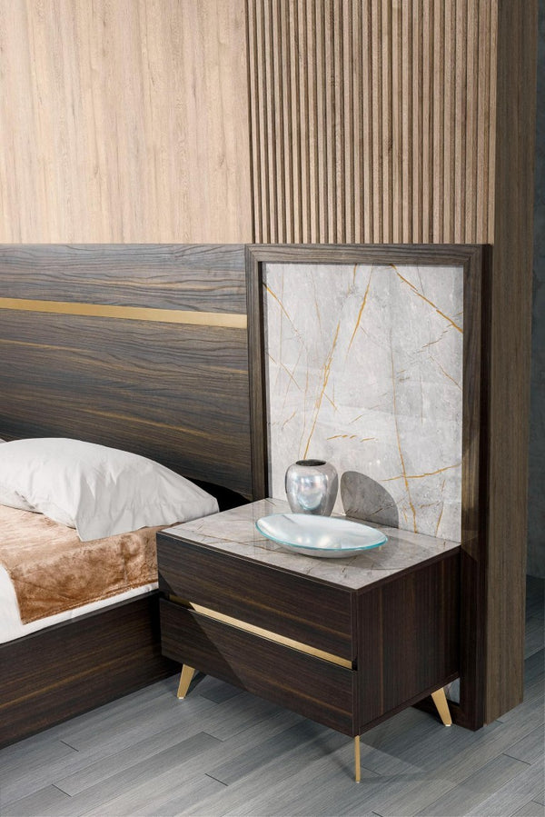VIG Furniture Velondra Eastern King Bed Set With 2 Nightstands — Dark Eucalypto Matte, Grey Marble Accents, Soft-Close Drawers VGACVELONDRA-BED-2NS-EK