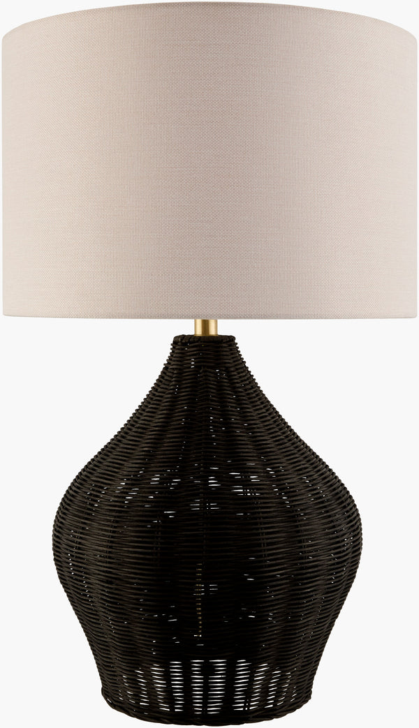 Surya Velles 28" Hand-painted Rattan Accent Table Lamp With Linen Shade For Cozy Home Ambiance Body, Black,Shade, White,Finial, Metallic ,Brass,Harp, Metallic ,Brass,Cord, Translucent Rattan,Linen,Polyester,Iron Ves-004