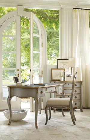 Hooker Furniture French-Inspired Writing Desk In Soft Gray With Gold Accents, Drop-Front Keyboard Drawer & Storage 5198-10458