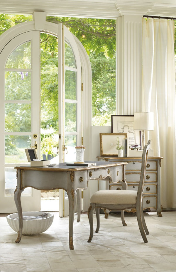Hooker Furniture French-Inspired Writing Desk In Soft Gray With Gold Accents, Drop-Front Keyboard Drawer & Storage 5198-10458