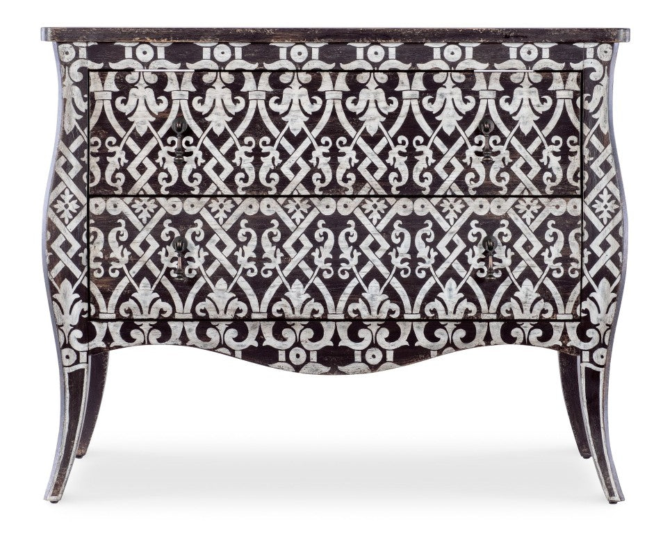 Hooker Furniture Americana Molasses Bombe Two-Drawer Accent Chest With Fleur-De-Lis Motif, Antique Bronze Pulls, Heirloom Appeal 7050-85006-893