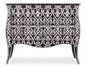 Hooker Furniture Americana Molasses Bombe Two-Drawer Accent Chest With Fleur-De-Lis Motif, Antique Bronze Pulls, Heirloom Appeal 7050-85006-893