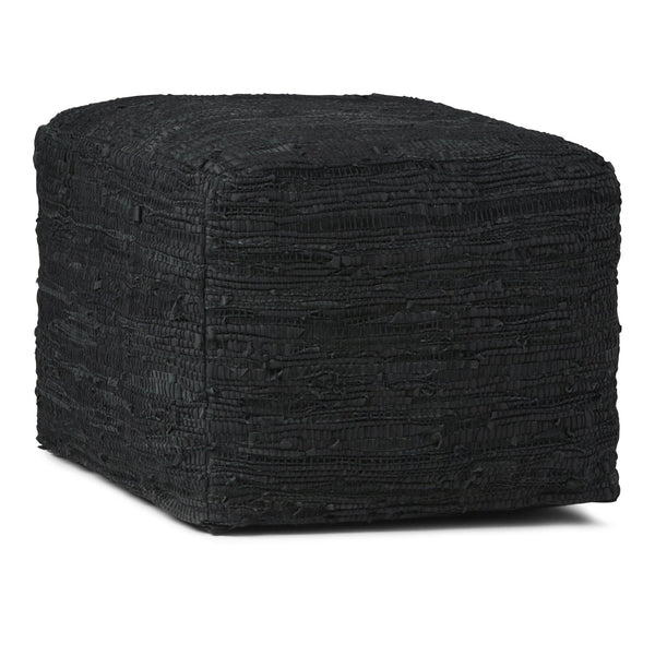 English Elm Fredrik Square Pouf - Stylish Black Buffalo Leather Accent Seat For Comfort & Versatile Use B136P159285