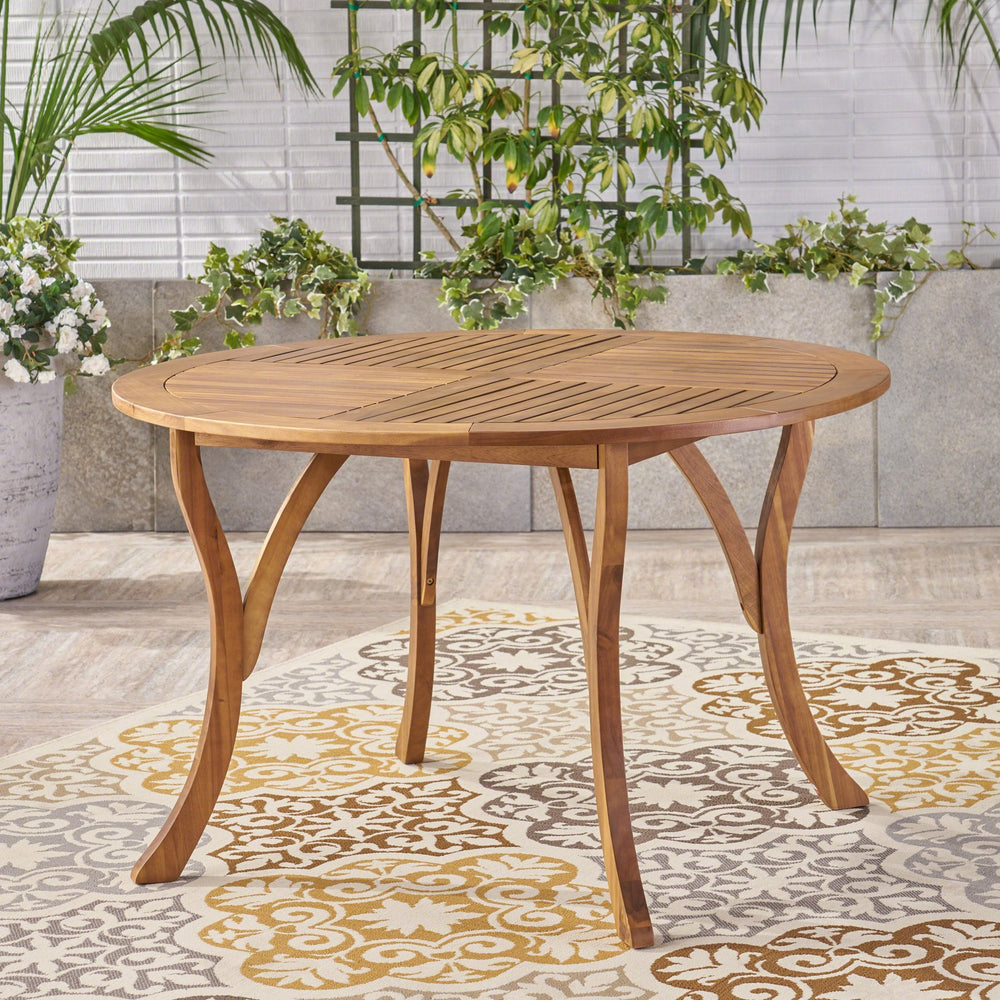 English Elm Hermosa Round Acacia Wood Outdoor Dining Table Slatted Teak Patio Seats Four 62916.00