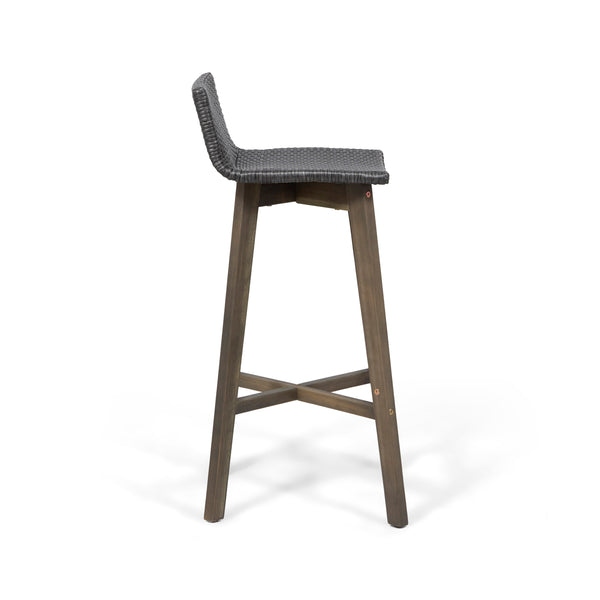 English Elm Christopher Knight Home® - LA La Brea Acacia Wood & Wicker Barstool Set of 2 — Outdoor Faux Rattan Seats with Iron X-Stretcher Frame Grey 65431.00GRY