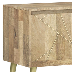 English Elm Jager Mango Wood TV Media Stand 60" Natural with Geometric Brass Inlay, Soft-Close Cabinets & Mid-Century Flair B136P158754