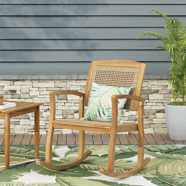 English Elm Christopher Knight Home® - ANTELOPE Acacia Wood Rocking Chair in Light Brown with Polyethylene Rattan Seat, Durable Outdoor Relaxer 71983.00MLBRN
