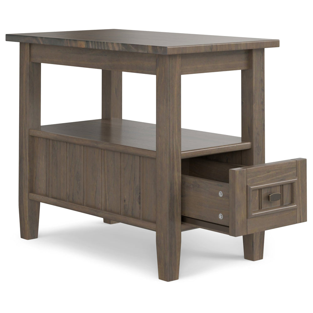 English Elm Lev Narrow End Table Smoky Brown - Handcrafted Solid Wood, Drawer & Open Shelf, Transitional Style B136P158814