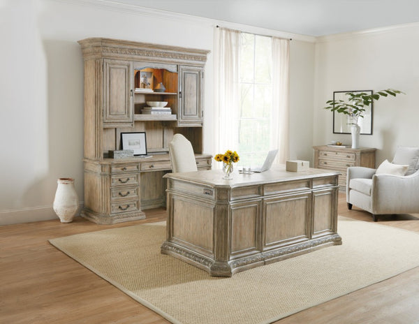 Hooker Furniture Castella Executive Desk With Chevron Veneer, Bonded Leather Top, Locking File Drawers & Antique Slate Finish 5878-10563-80