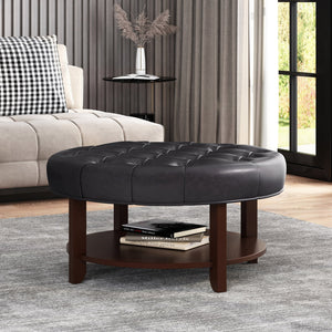 English Elm Round Tufted Pu Leather Ottoman with Open Shelf Storage for Living Room Black 71589.00