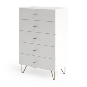 VIG Furniture Bryan Modern White Chest With 5 Soft-Close Drawers, Gloss Finish & Brushed Gold Legs — 30X19x46" VGMABR-82-WHT-CHS