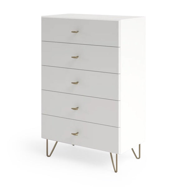 VIG Furniture Bryan Modern White Chest With 5 Soft-Close Drawers, Gloss Finish & Brushed Gold Legs — 30X19x46" VGMABR-82-WHT-CHS