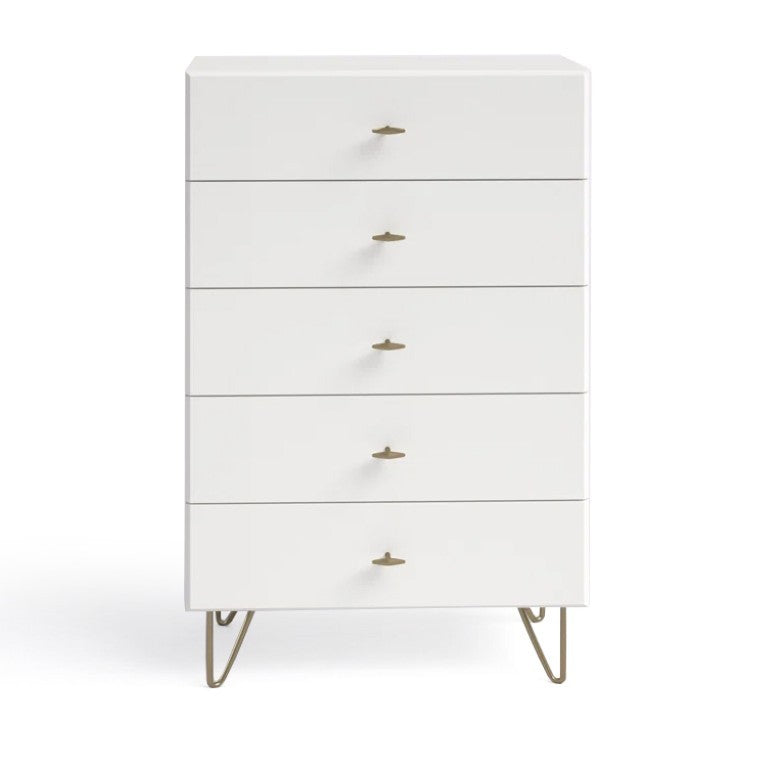 VIG Furniture Bryan Modern White Chest With 5 Soft-Close Drawers, Gloss Finish & Brushed Gold Legs — 30X19x46" VGMABR-82-WHT-CHS