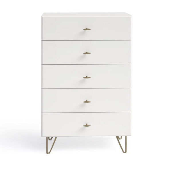 VIG Furniture Bryan Modern White Chest With 5 Soft-Close Drawers, Gloss Finish & Brushed Gold Legs — 30X19x46" VGMABR-82-WHT-CHS