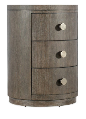 Hooker Furniture Modern Mood Round Nightstand With Diamond Oak Veneer, Pewter Accents & Leather Knobs, 3 Drawers Elegance Medium Brown 6850-90315-89