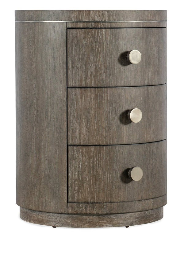Hooker Furniture Modern Mood Round Nightstand With Diamond Oak Veneer, Pewter Accents & Leather Knobs, 3 Drawers Elegance Medium Brown 6850-90315-89
