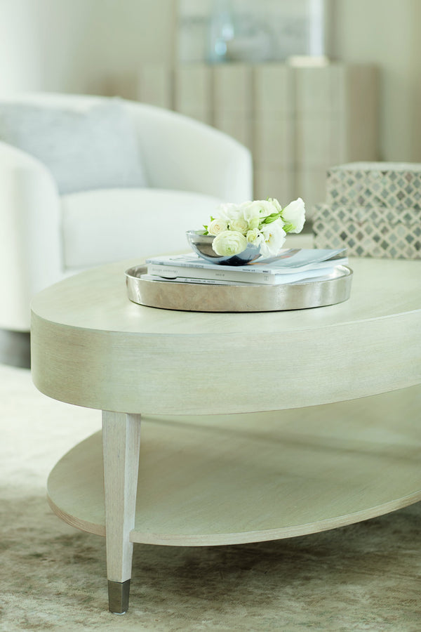 Bernhardt Bernhardt East Hampton Oval Cocktail Table In Cerused Linen Ash, 56" Large Coffee Table With Shelf 395013