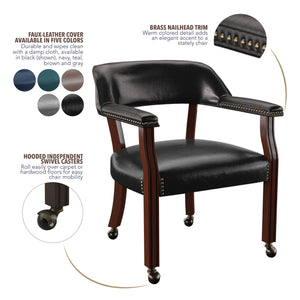 English Elm Steve Silver - Tournament Captain Arm Chair with Casters, Faux Leather Black, Nailhead Trim, Medium Cherry Pedestal Base - Swivel Comfort & Game-Ready Design B081P157446