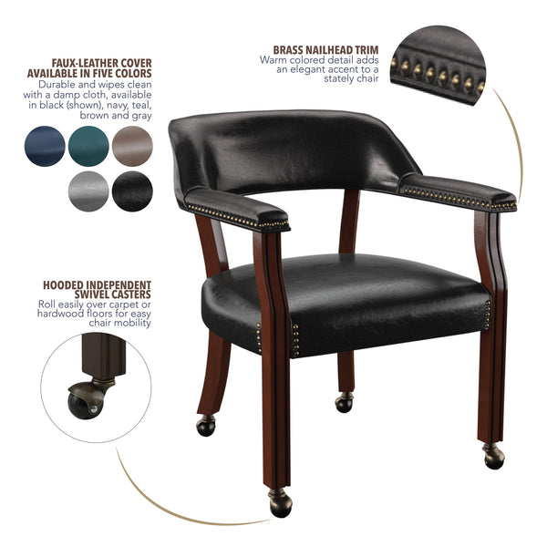 English Elm Steve Silver - Tournament Captain Arm Chair with Casters, Faux Leather Black, Nailhead Trim, Medium Cherry Pedestal Base - Swivel Comfort & Game-Ready Design B081P157446