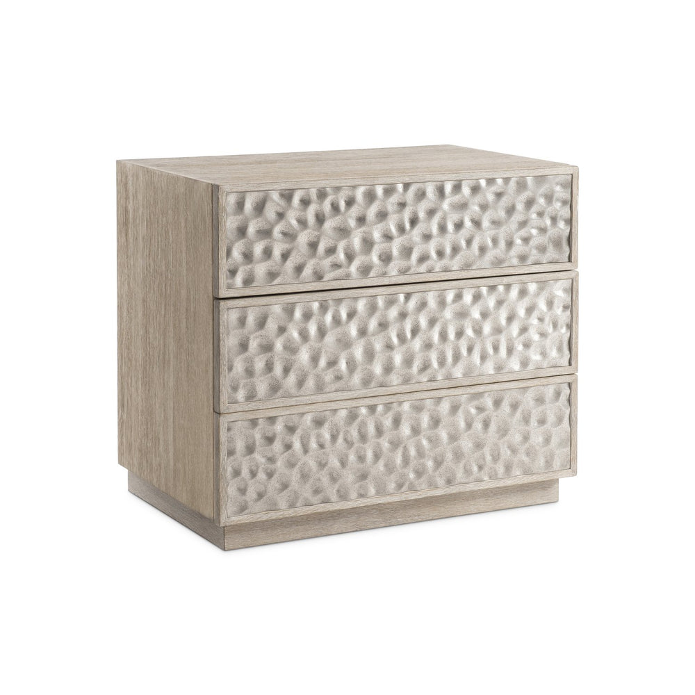 Bernhardt Bernhardt Hansby Nightstand With Hammered Aluminum Fronts, Trevin White Oak, 3 Drawers & Usb Charging 338232