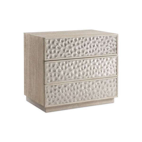 Bernhardt Bernhardt Hansby Nightstand With Hammered Aluminum Fronts, Trevin White Oak, 3 Drawers & Usb Charging 338232