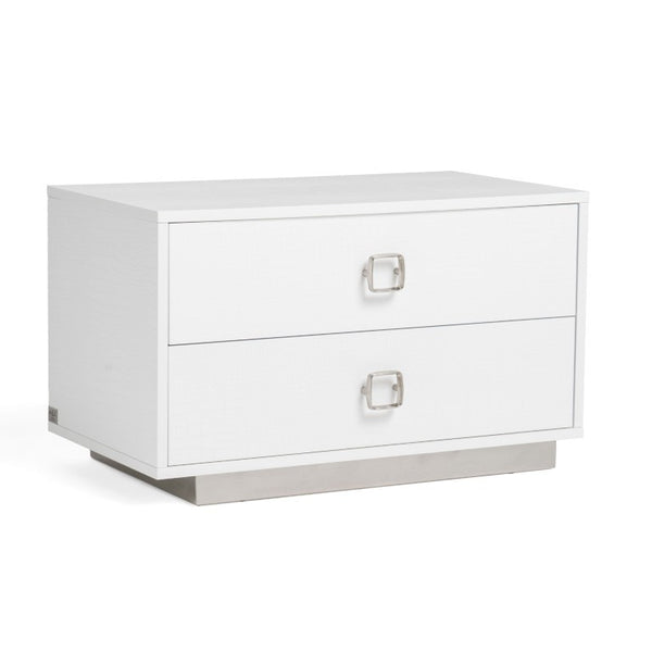 VIG Furniture Victoria Crocodile-Texture High-Gloss Bedside Chest With Soft-Close Drawers And Polished Silver Base White Nightstand VGUNAW324-80-CROC