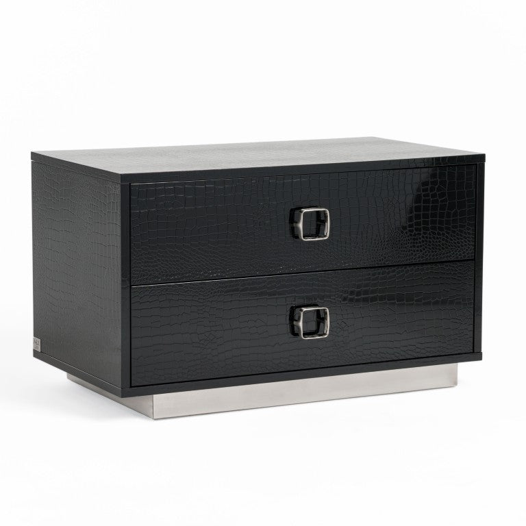 VIG Furniture Victoria Crocodile-Texture High-Gloss Bedside Chest With Soft-Close Drawers And Polished Silver Base Black Nightstand VGUNAW324-80-BLK