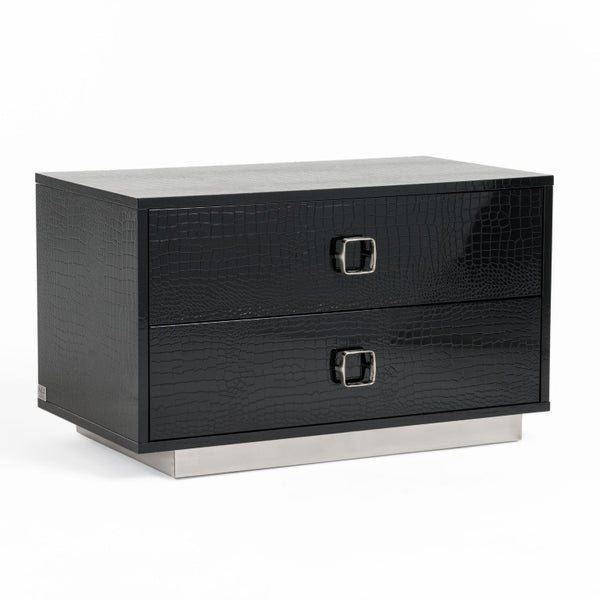 VIG Furniture Victoria Crocodile-Texture High-Gloss Bedside Chest With Soft-Close Drawers And Polished Silver Base Black Nightstand VGUNAW324-80-BLK