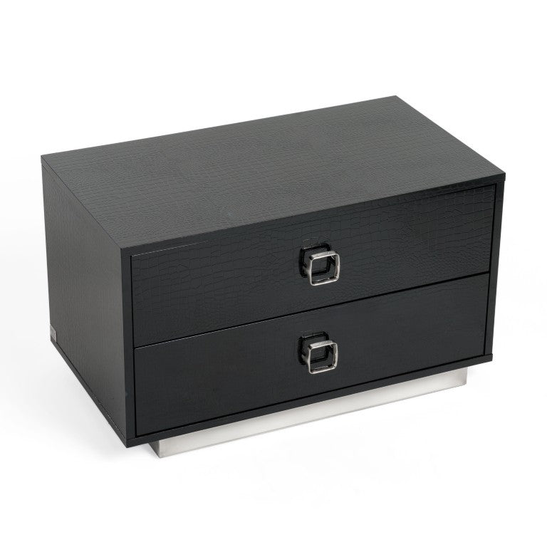 VIG Furniture Victoria Crocodile-Texture High-Gloss Bedside Chest With Soft-Close Drawers And Polished Silver Base Black Nightstand VGUNAW324-80-BLK