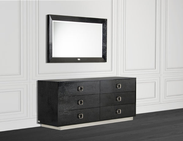 VIG Furniture Victoria Elegant Black Crocodile Dresser – High-Gloss Modern 6-Drawer Storage With Rounded Metal Pulls VGUNAW421-159-BLK