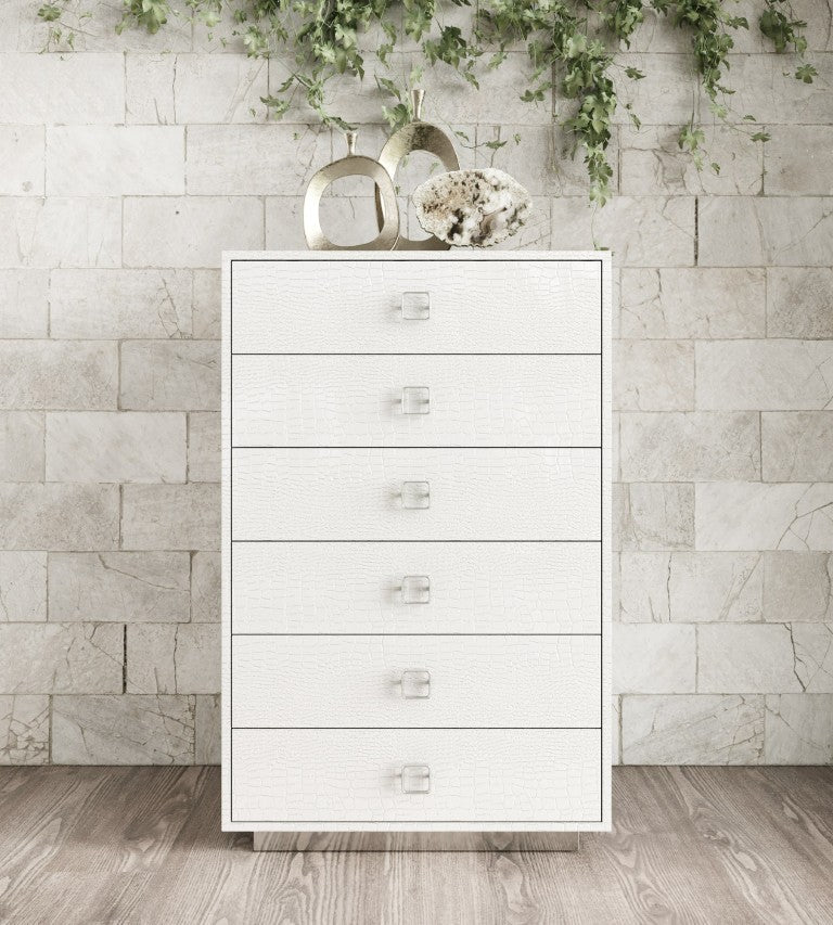 VIG Furniture Victoria High-Gloss White Crocodile 6-Drawer Chest — Luxe Laser-Etched Texture, Stainless Base & Handles VGUNAW552-80