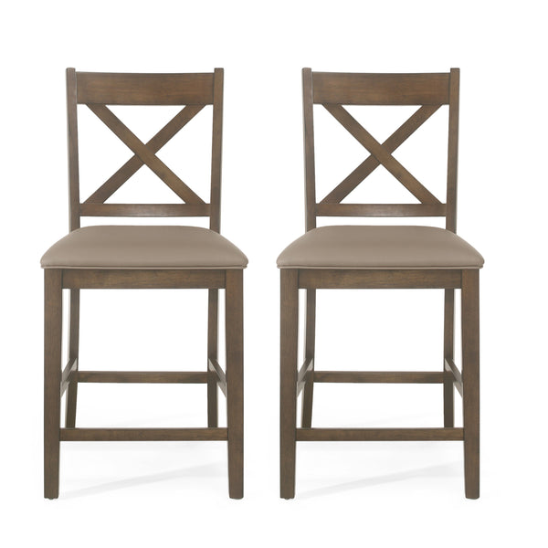 English Elm Christopher Knight Home® - Upholstered Wood Counter Stools Set of 2 – Farmhouse X-Back Rubberwood Seats, Antique Brown Comfort 69008.00ABRN