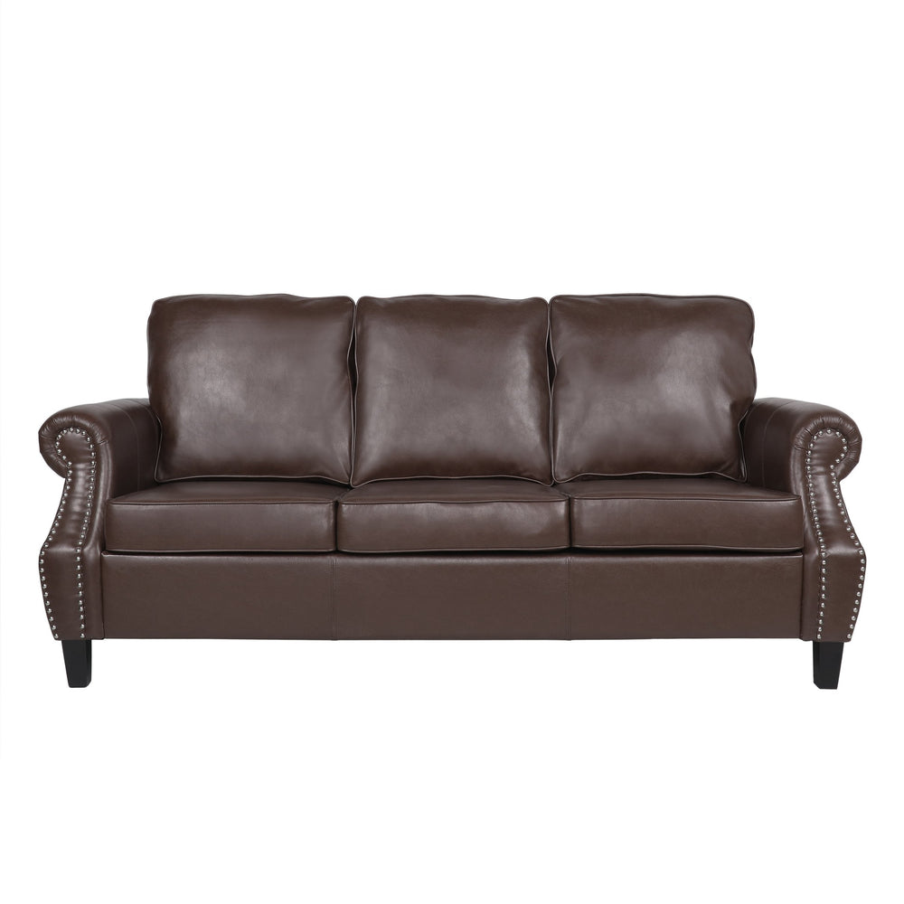 English Elm 3 Seater Pu Leather Sofa with Nailhead Trim Tapered Birch Legs for Modern Living 71405.00PUDBRN