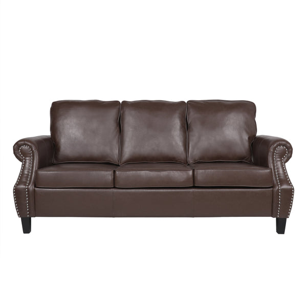 English Elm 3 Seater Pu Leather Sofa with Nailhead Trim Tapered Birch Legs for Modern Living 71405.00PUDBRN
