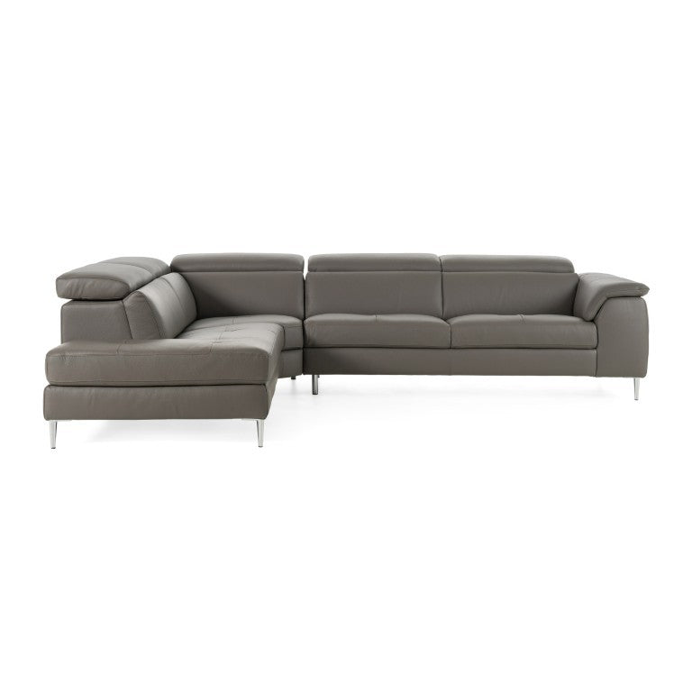 VIG Furniture Viola Italian Grey Top-Grain Leather Left-Facing Sectional Sofa With Chaise, Adjustable Headrests, Stainless Steel Legs VGDTVIOLA-KIM-FUME-LAF-SECT