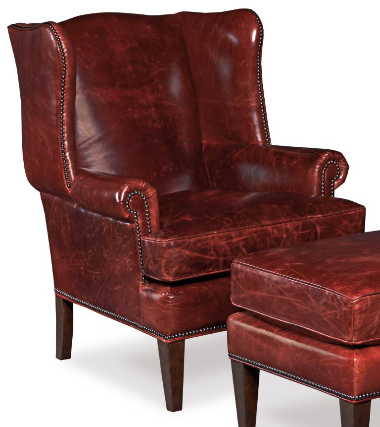 Hooker Furniture Blakeley Classic Wing-Style Club Chair In Natchez Brown Leather With Vintage Nailhead Trim For Cozy Rooms Dark Red CC408-069