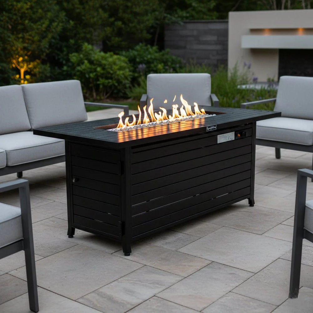 Origins Vista Rectangular Propane Fire Pit Table Hammered Steel Patio Entertainer FP-57RECBK