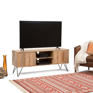English Elm Hunter - Handcrafted Solid Mango Wood Tv Media Stand With Industrial Black Iron Legs & Storage B136P158734